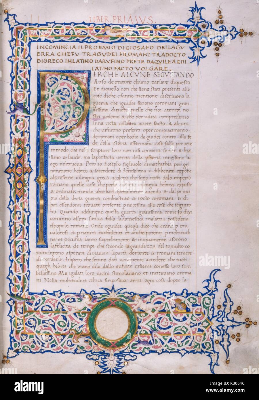 Manuscrit enluminé de la page 'Incomincia il proemio di giosafo tragudei chefu della guerra e romani, ' livre d'heures imprimé en italien en 15e siècle, 1400. Banque D'Images