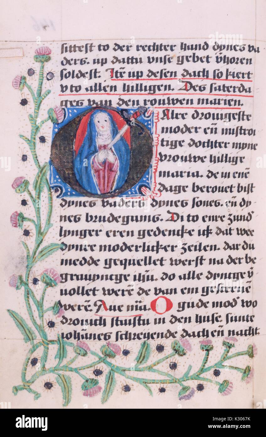 Manuscrit enluminé de la page 'arbor vitae crucifixae Jesu Christi, ' imprimé en néerlandais aux Pays-Bas en 15e siècle, 1400. Banque D'Images