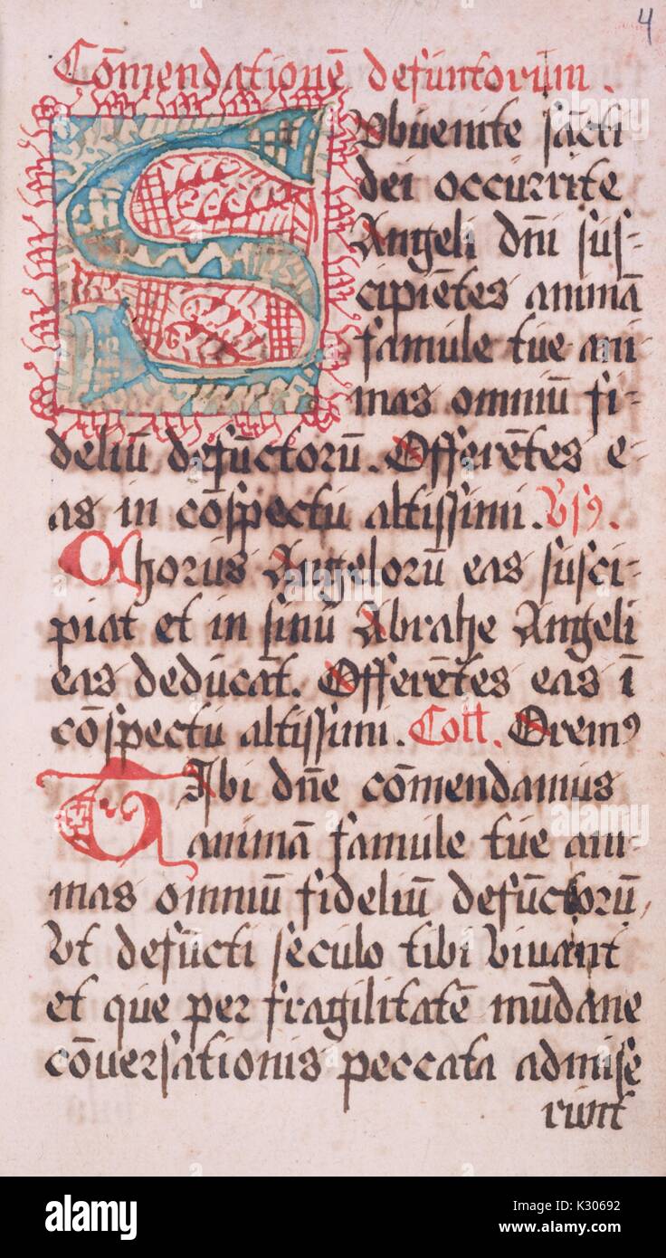 Manuscrit enluminé de la page 'Commendatione defunctorum, ' un livre de prières en latin, 1462. Banque D'Images