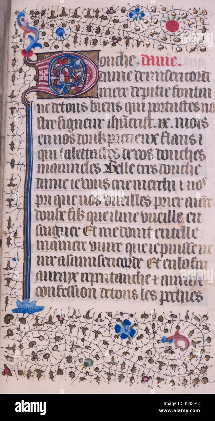 Manuscrit enluminé de la page "Livre d'heures, ' prières en Amérique du 15e siècle, 1400. Banque D'Images