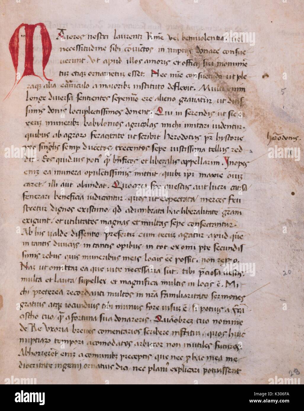 Manuscrit enluminé de la page 'De re uxoria liber' écrit en Italie au 15e siècle, 1400. Banque D'Images