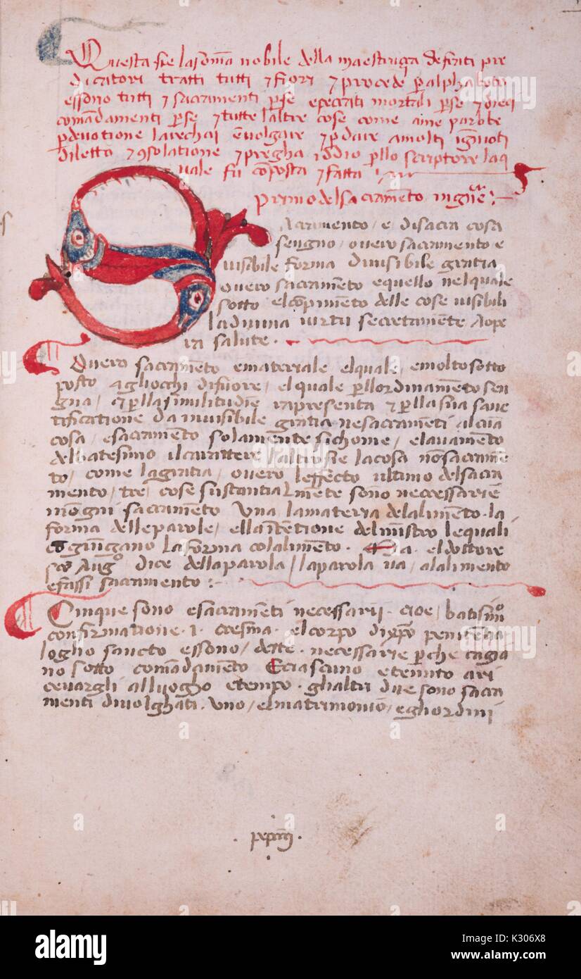 Manuscrit enluminé de 'Traité sur les sacrements" en italien en 1442, 1442. Banque D'Images