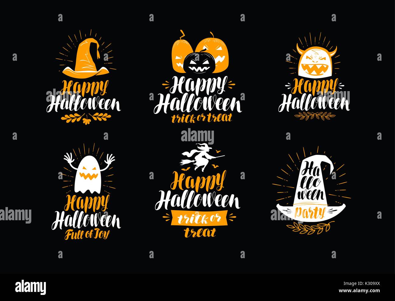 Happy Halloween, carte de souhaits. Maison de vacances d'un symbole ou d'étiquette. Vector illustration lettrage Illustration de Vecteur
