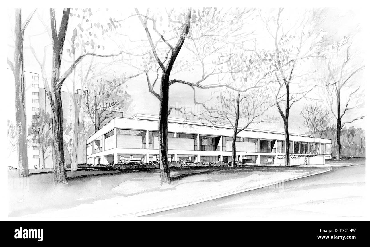 Dessin architectural du ministère de l'embryologie de la Carnegie Institution for Science, organisme de recherche, sur l'Homewood campus de l'Université Johns Hopkins à Baltimore, Maryland, 1960. Banque D'Images