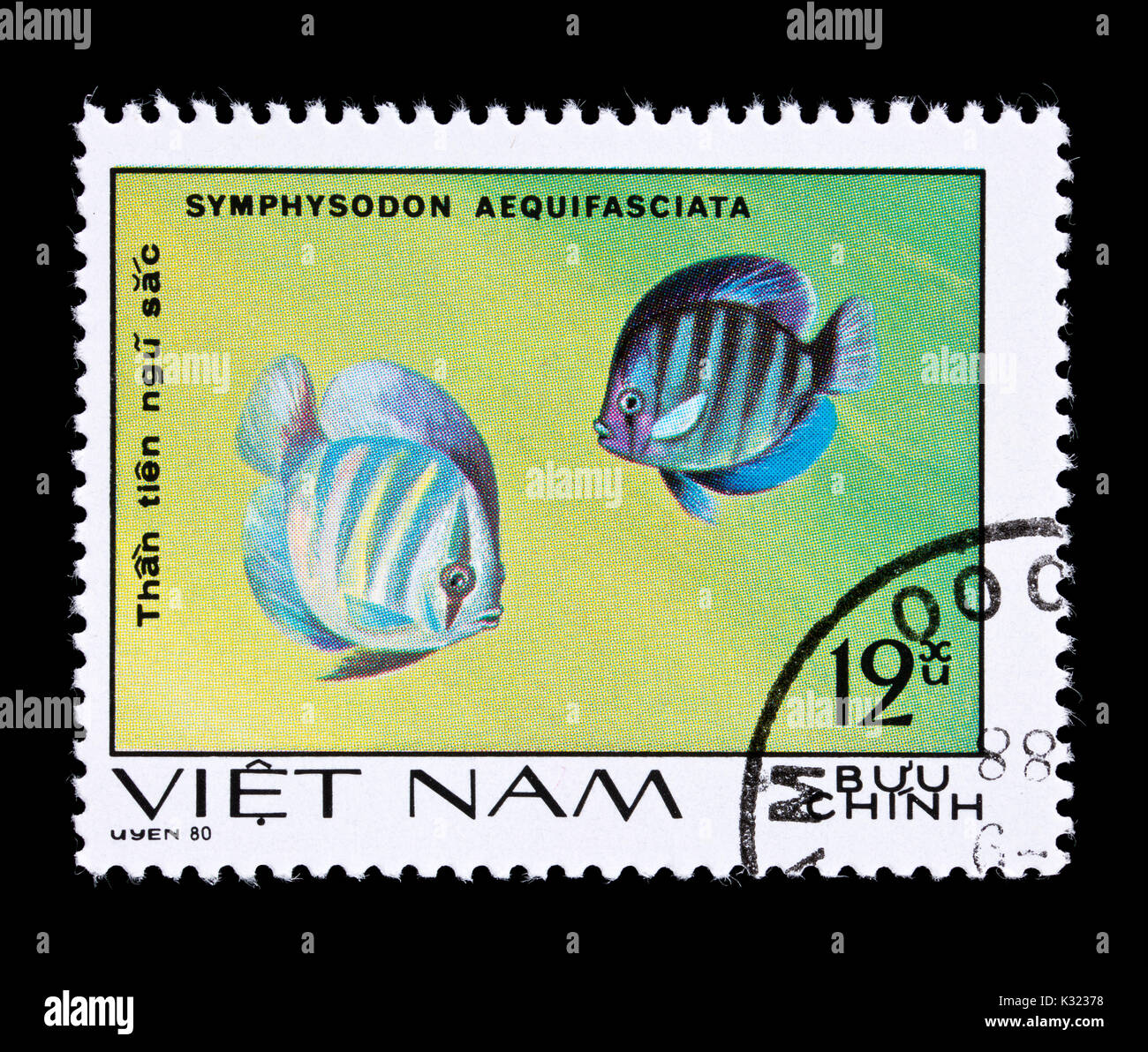 Timbre-poste du Vietnam représentant discus discus bleu ou brun (Symphysodon aequifasciata) Banque D'Images