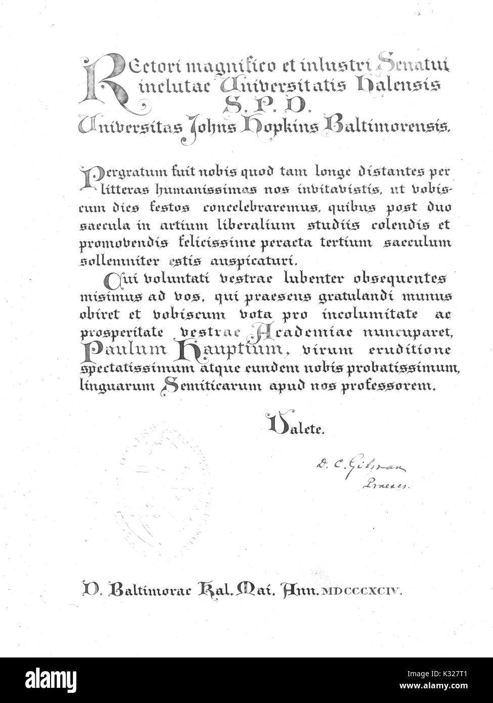 Document envoyé avec Paul Haupt, Sémites scholar et professeur à l'Université Johns Hopkins, à l'université de Halle, 1894. Banque D'Images