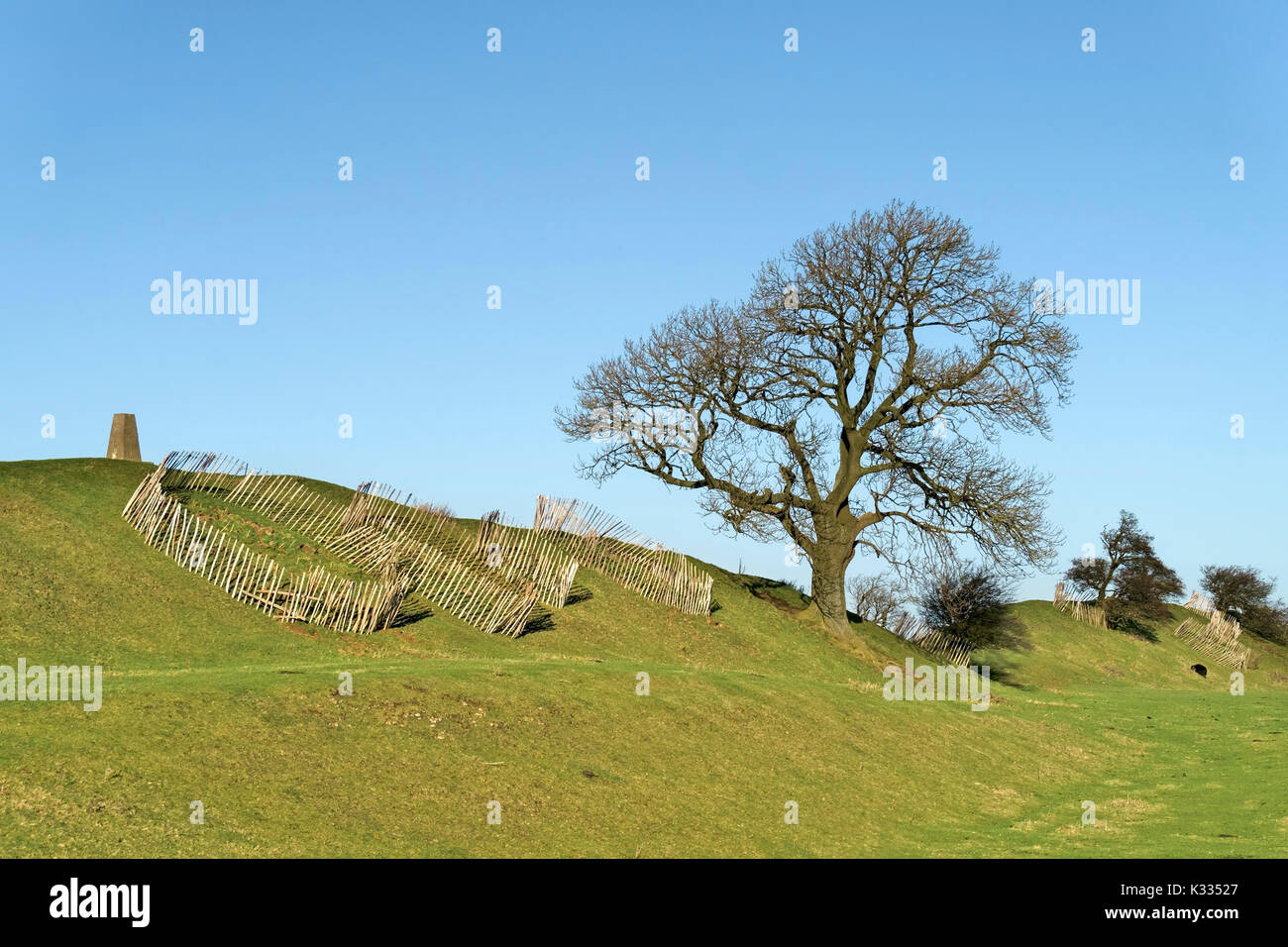 Des clôtures pour protéger les sections érodées réparé de âge de fer fort monument ancien remblai, burrough hill, Leicestershire, England, UK Banque D'Images