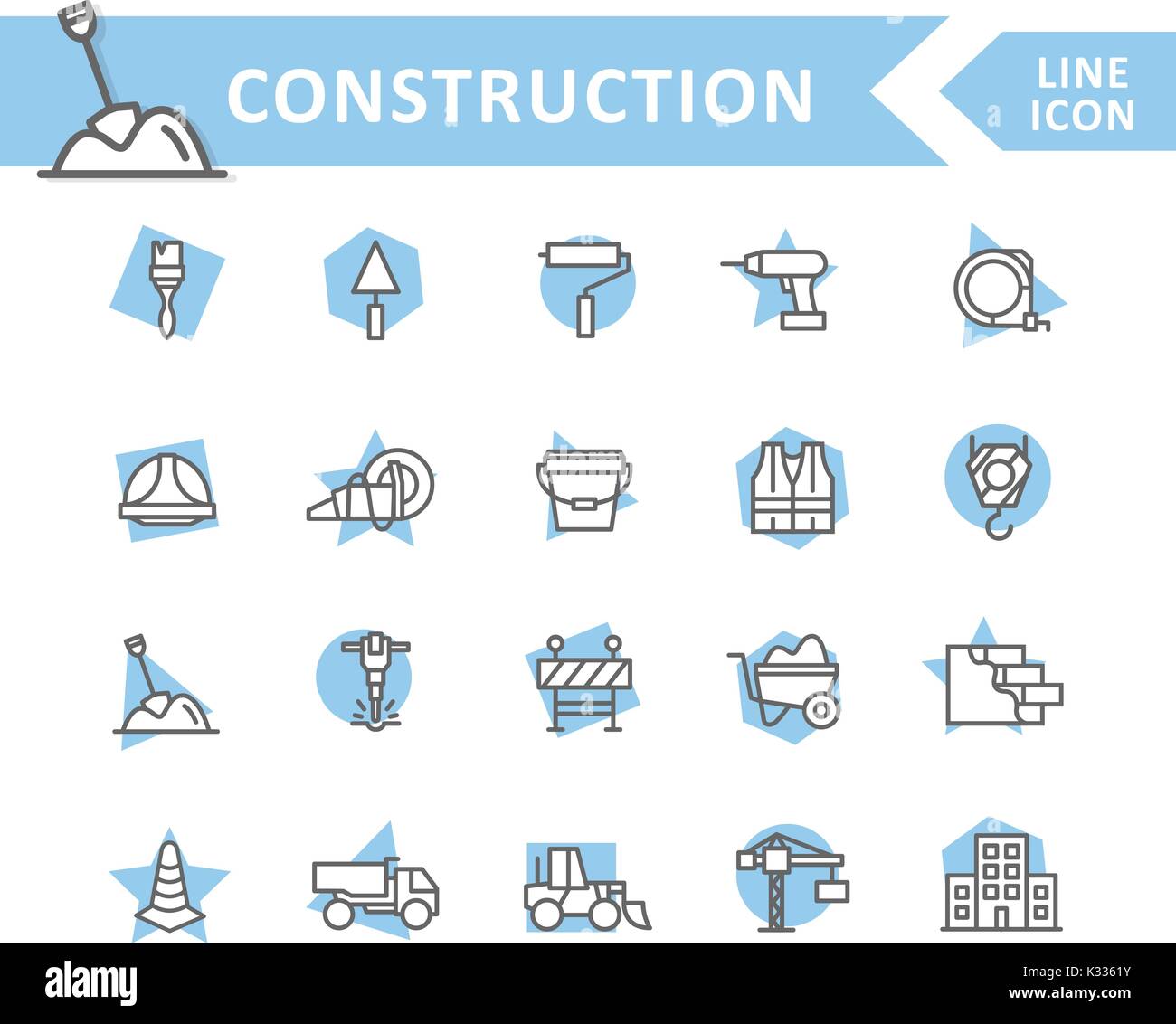 Jeu de vector construction et réparer la conduite d'icônes. Brosse, rouleau, percer, casque, de la peinture, cône, grue, crochet, mur, camion, cament, pelle, marteau-piqueur, vêtements de travail, d'une clôture, constructeur et bien plus encore. Avc. modifiable Illustration de Vecteur
