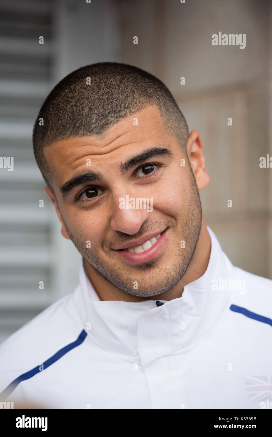 Adam Gemili, athlète britannique photographié à Alexander Stadium, Birmingham.. Il est le champion d'Europe 2014 à 200 mètres Banque D'Images