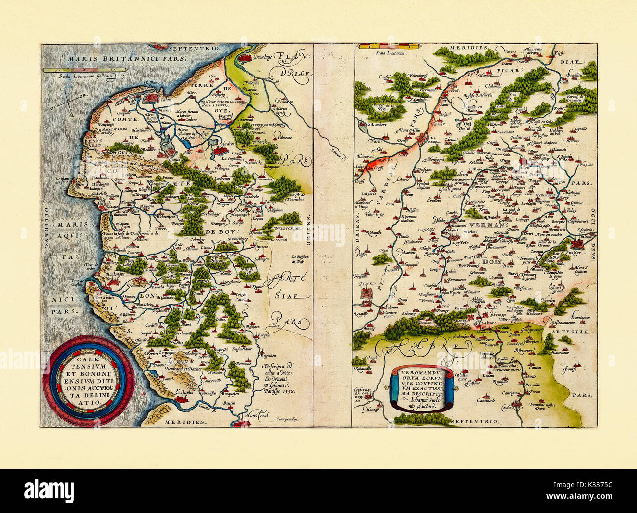 Ancienne carte des régions de France en excellent état de conservation. Par Ortelius, Theatrum Orbis Terrarum, Anvers, 1570 Banque D'Images