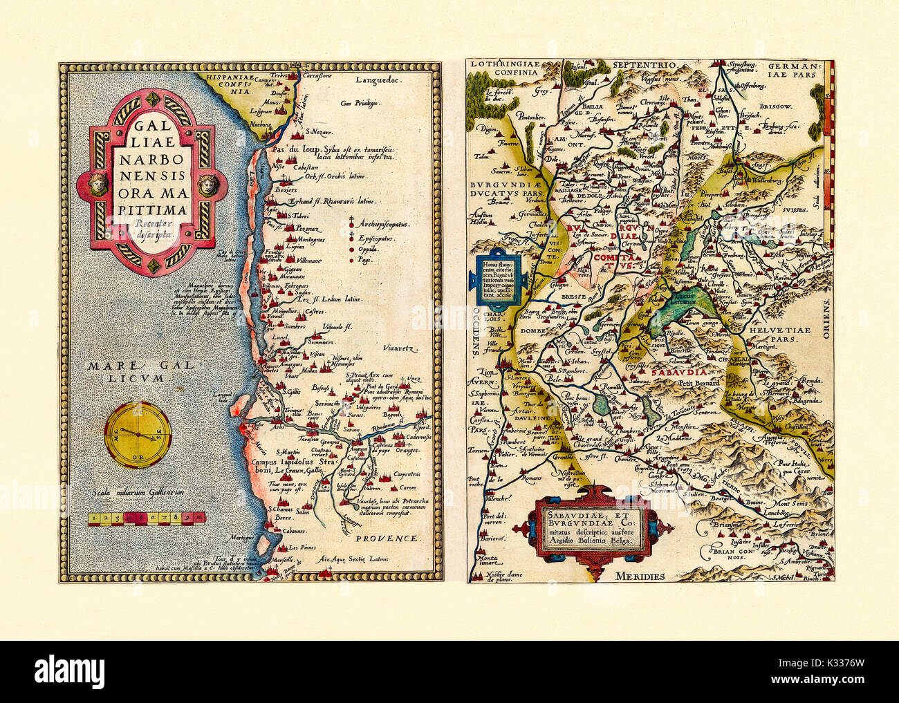 Ancienne carte des régions de France en excellent état de conservation. Par Ortelius, Theatrum Orbis Terrarum, Anvers, 1570 Banque D'Images