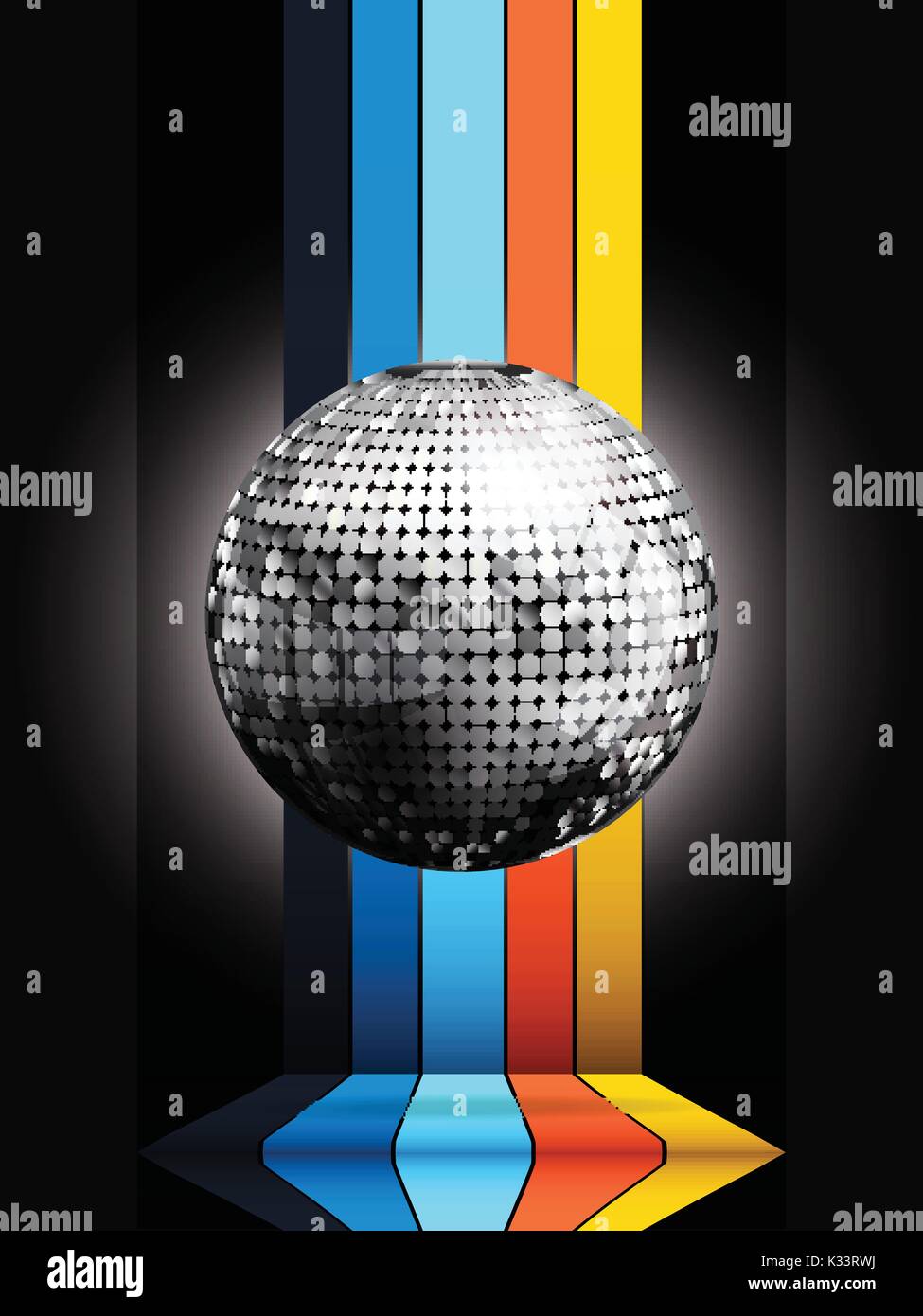 3D Illustration d'argent boule disco sur rayures multicolores sur fond noir Structure Illustration de Vecteur