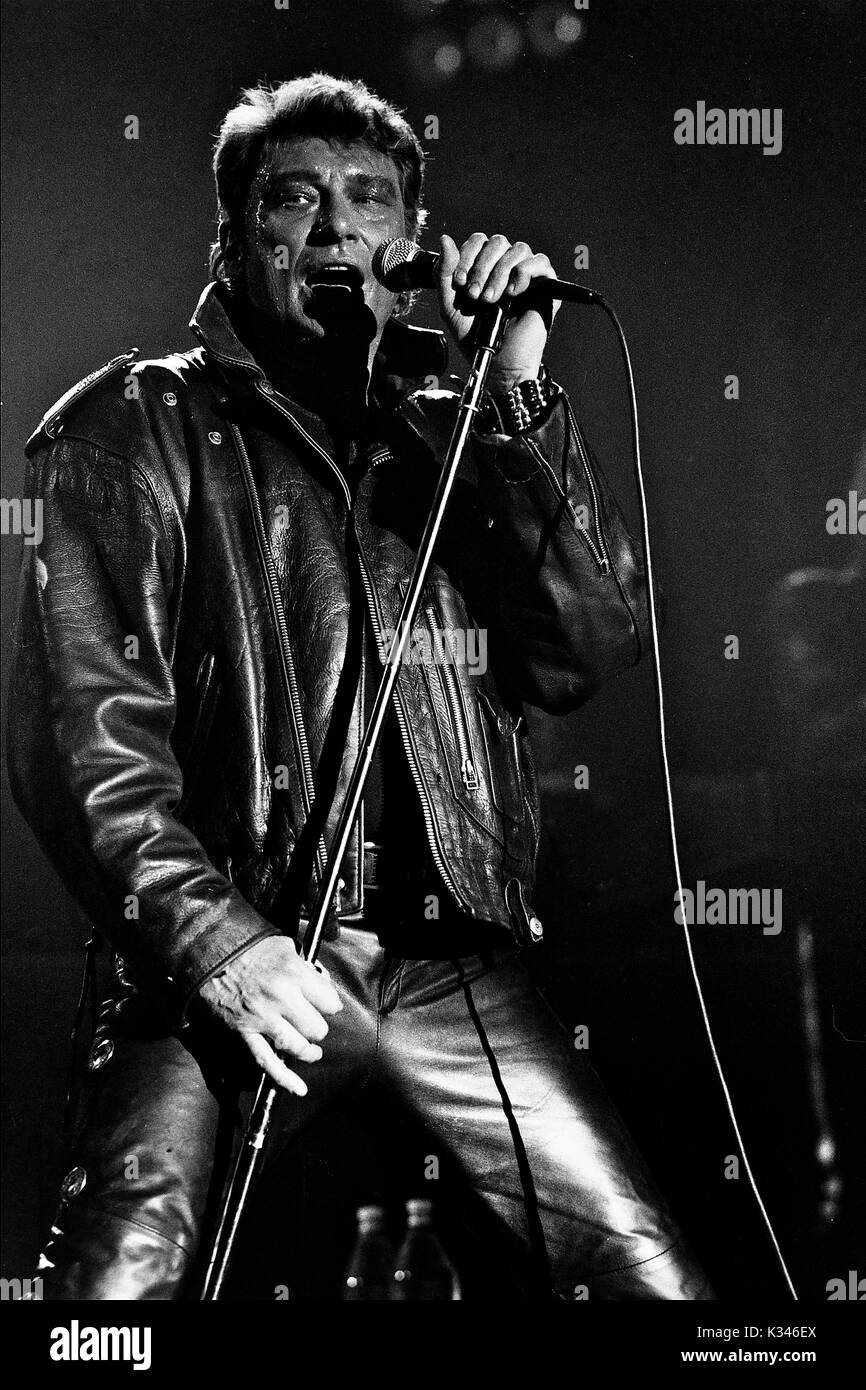 Chanteuse de Rock français Johnny Halliday effectue à Lyon, France Banque D'Images