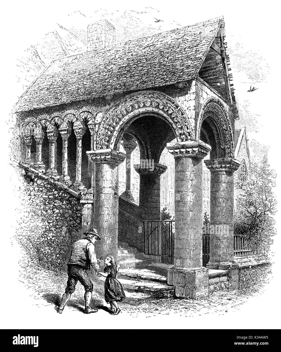 1870 : l'Escalier d'entrée Norman a été construit autour de 1160, à l'époque d'avant Wibert, il peut raisonnablement prétendre être le mieux préservé d'escalier Norman en Angleterre. Il a donné à l'origine l'accès à la grande salle (également connu sous le nom de l'Aula Nova, Hall nord, ou de porc Hall), une maison d'hôtes de pilgrim visiteurs. La Cathédrale de Canterbury, Kent, Angleterre Banque D'Images