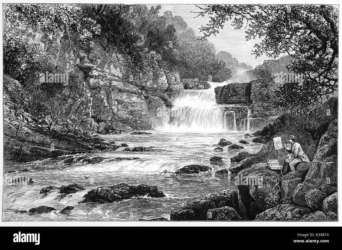 1870 : Un artiste peinture Stonebyres Falls, parfois appelé Stonebyres Linn est une cascade de la rivière Clyde, le Lanarkshire, en Écosse. Banque D'Images