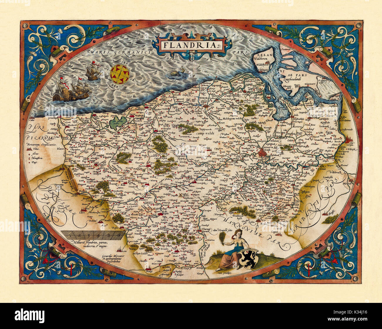 Ancienne carte de Belgique. Excellent état de conservation réalisé dans un style ancien. Tous les composition graphique est à l'intérieur d'un cadre ovale. Par Ortelius, Theatrum Orbis Terrarum, Anvers, 1570 Banque D'Images