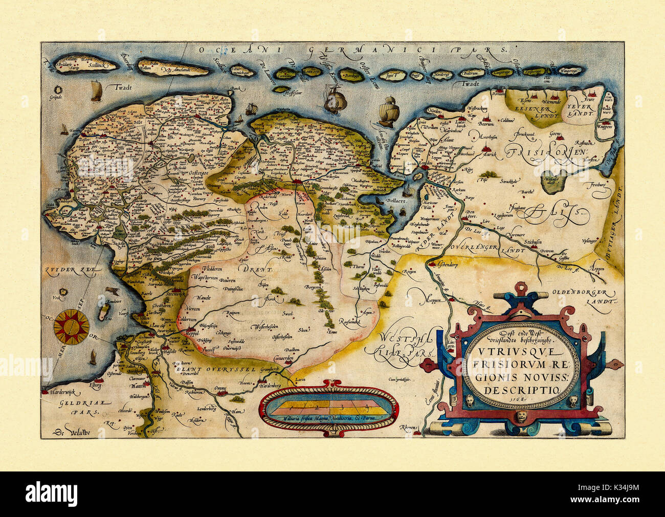Ancienne carte des Pays-Bas. Excellent état de conservation réalisé dans un style ancien. Tous les composition graphique est à l'intérieur d'un cadre. Par Ortelius, Theatrum Orbis Terrarum, Anvers, 1570 Banque D'Images