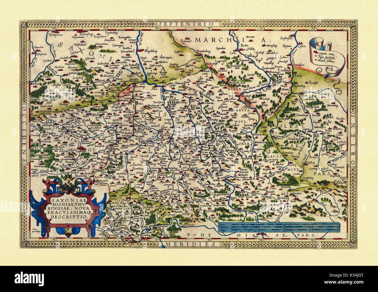Carte ancienne de la Thuringe et la Saxe. Excellent état de conservation réalisé dans un style ancien. Tous les composition graphique est à l'intérieur d'un cadre. Par Ortelius, Theatrum Orbis Terrarum, Anvers, 1570 Banque D'Images