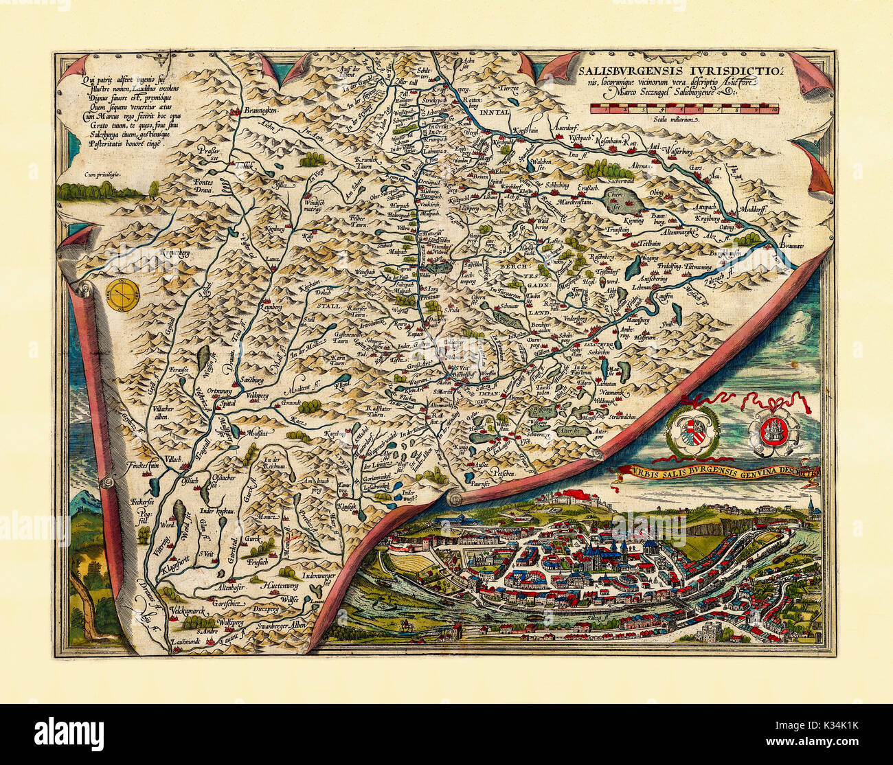 Ancienne carte de région de Salzbourg. Excellent état de conservation réalisé dans un style ancien. Tous les composition graphique est à l'intérieur d'un cadre. Par Ortelius, Theatrum Orbis Terrarum, Anvers, 1570 Banque D'Images