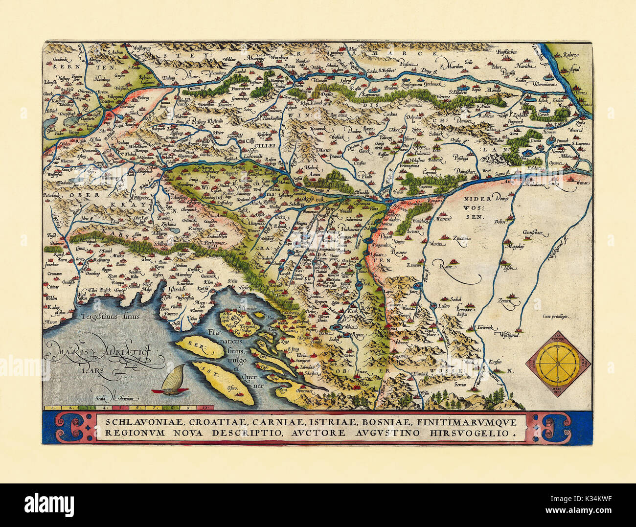 Ancienne carte de la Slovénie. Excellent état de conservation réalisé dans un style ancien. Tous les composition graphique est à l'intérieur d'un cadre. Par Ortelius, Theatrum Orbis Terrarum, Anvers, 1570 Banque D'Images