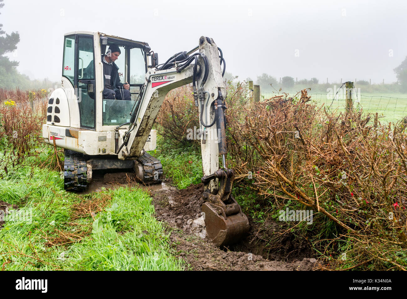 Terex digger au travail de creuser une tranchée dans le West Cork, Irlande avec copie espace. Banque D'Images
