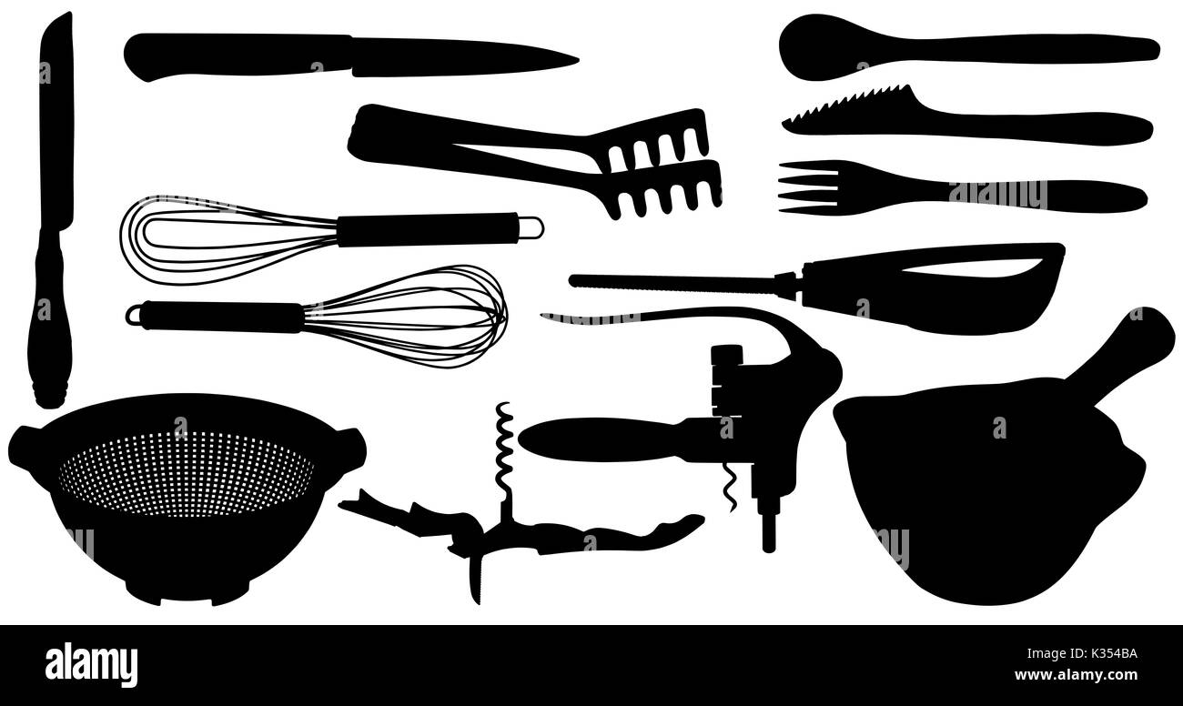 Silhouette d'un ensemble d'outils de cuisine isolé sur fond blanc Banque D'Images