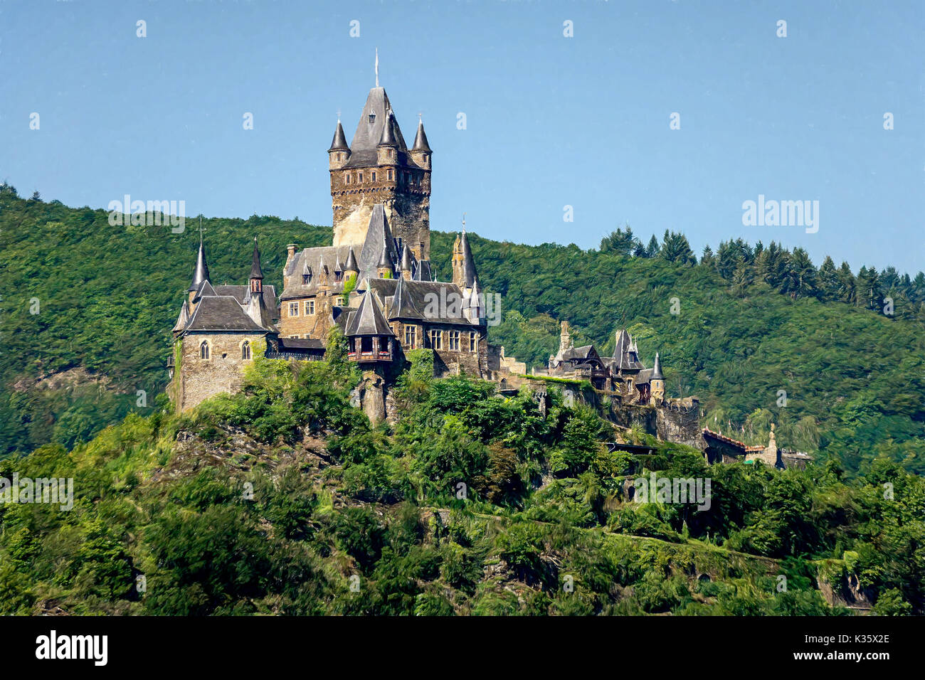 Le Château Reichsburg Cochem en Allemagne au-dessus. Peinture numérique. Banque D'Images