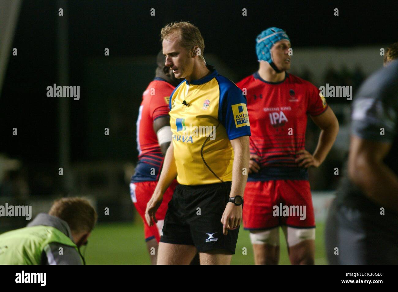 Newcastle-upon-Tyne, Angleterre, 1 septembre 2017. Wayne Barnes l'arbitrage Newcastle Falcons v Worcester Warriors AVIVA Premiership match à Kingston Park.Crédit : Colin Edwards/Alamy Live News. Banque D'Images