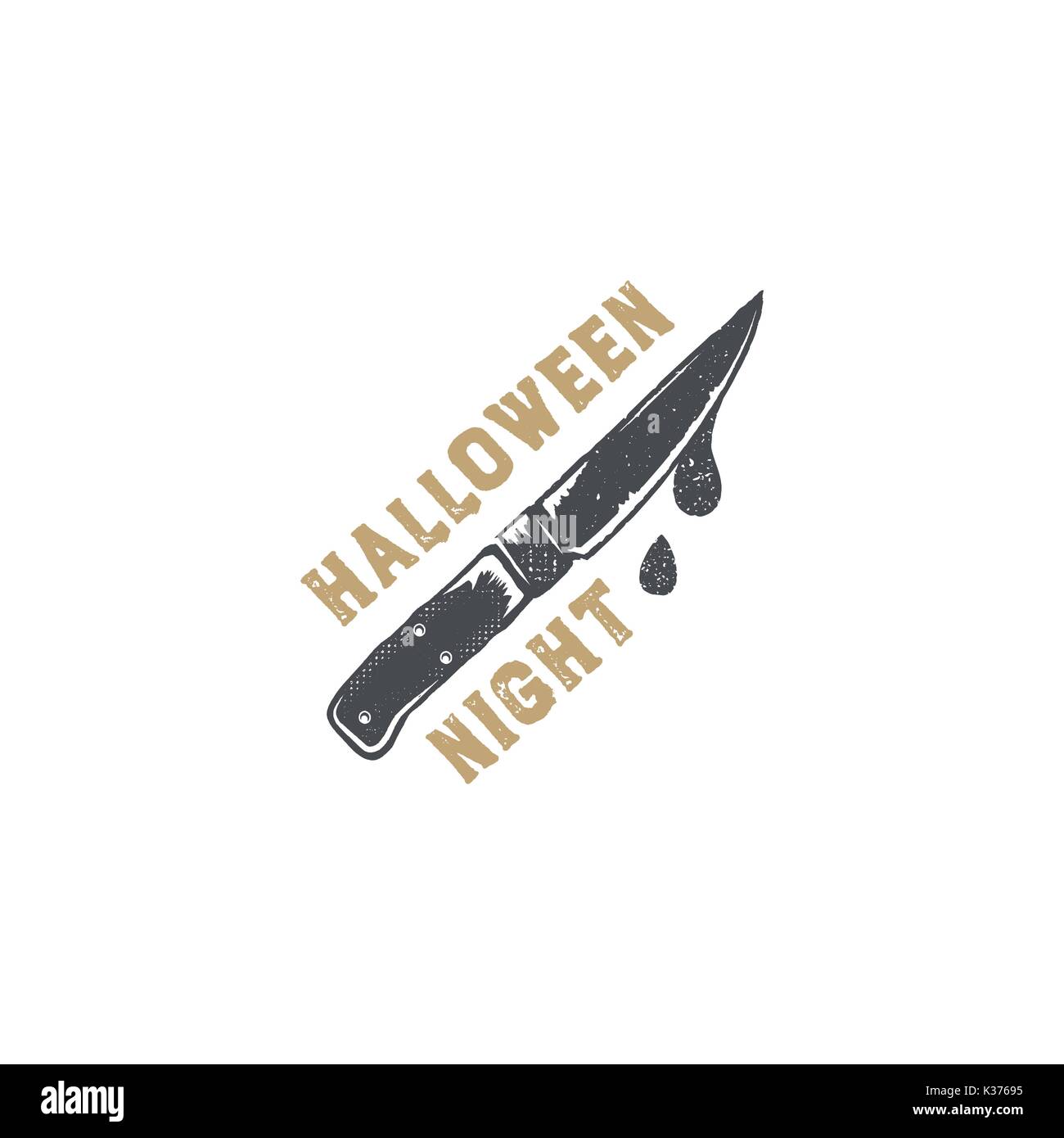 Badge de l'Halloween. Vintage design logo dessiné à la main. Style monochrome. Éléments de typographie et symbole d'Halloween - couteau avec du sang. Vecteur Stock isolé sur fond blanc Illustration de Vecteur