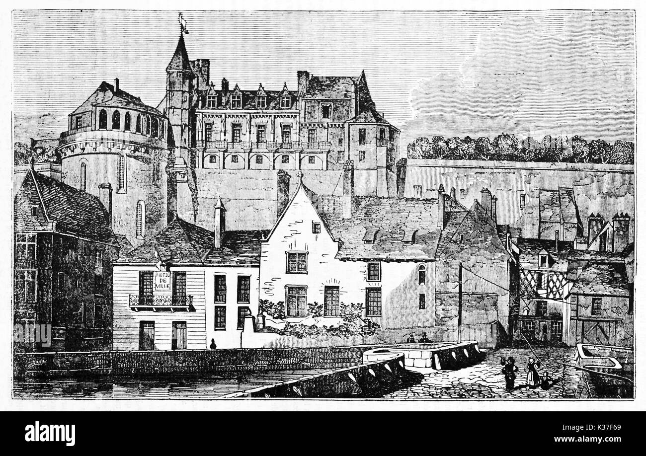 Rapprochement de l'ancien château d'Amboise, Loire Valley, France et son contexte médiéval avec des bâtiments et des rues. Par auteur non identifié publié le magasin pittoresque Paris 1834 Banque D'Images