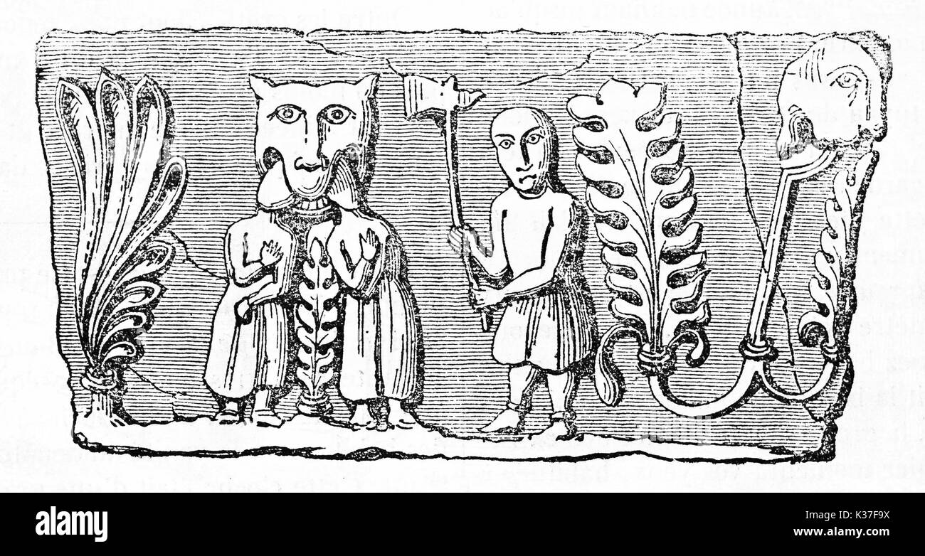Icône médiévale d'un homme avec ax face à un monstre qui se nourrit des hommes près de botanic décorations. Publié le magasin pittoresque Paris 1834 Banque D'Images