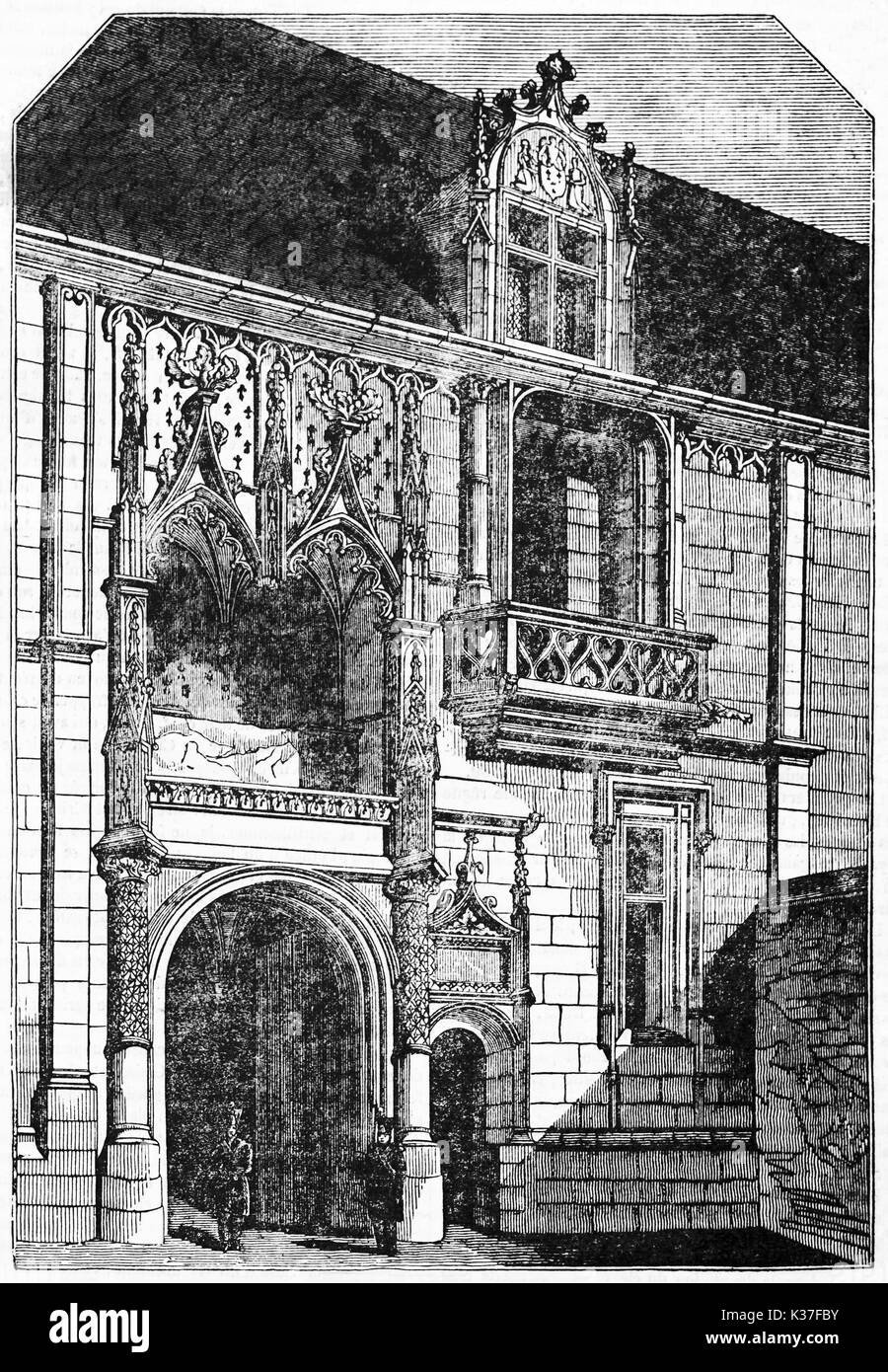 Vue avant de l'ancien château de Blois portail (façade est), majestueux, élégant et aristocratique de l'architecture. Vieille Illustration d'auteur non identifié publié le magasin pittoresque Paris 1834 Banque D'Images