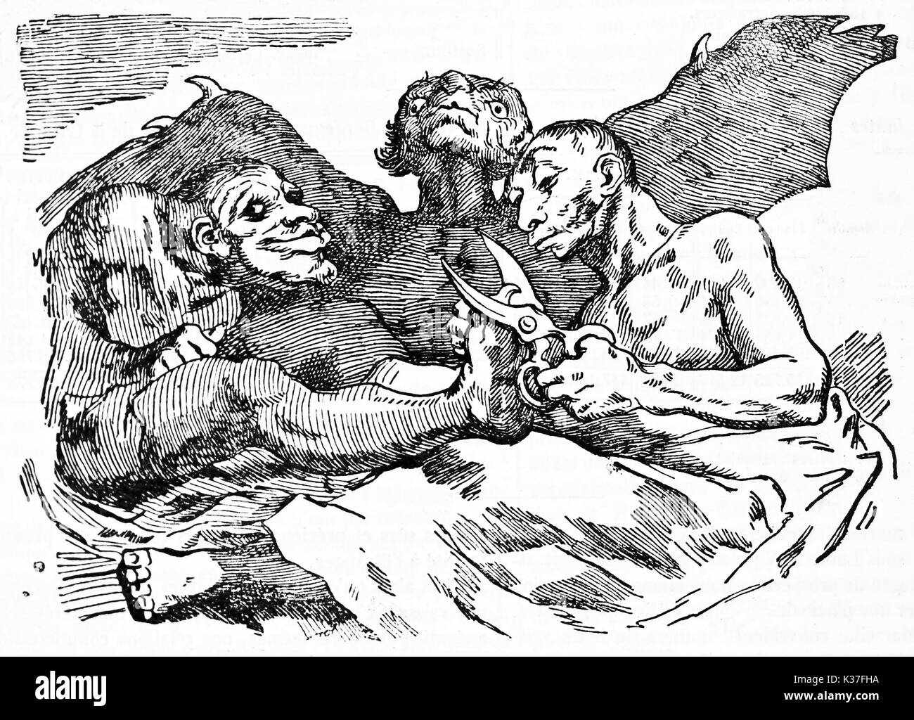 Coupe ongles Devils, ancienne cité médiévale contexte grotesque. Vieille caricature de Francisco Goya publié le magasin pittoresque Paris 1834 Banque D'Images