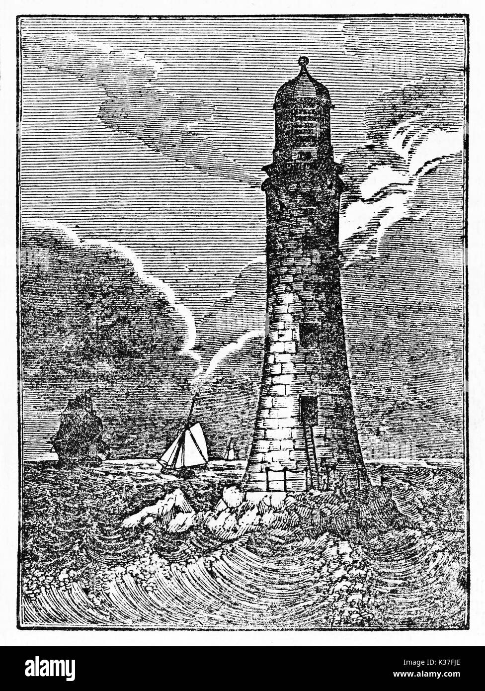 Ancien phare, sur une mer déchaînée dans la nuit, Eddystone lighthouse. Vieille Illustration par auteur inconnu publ. sur Magasin pittoresque Paris 1834 Banque D'Images