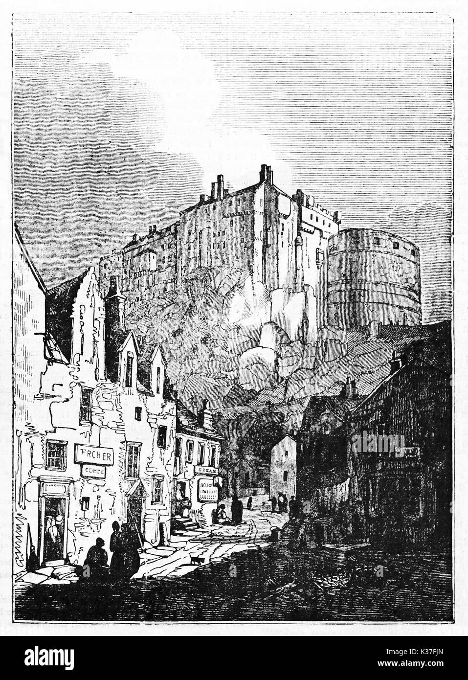 Ancienne cité médiévale ville écossaise avec le château d'Édimbourg en arrière-plan. Vieille Illustration d'auteur non identifié publié le magasin pittoresque Paris 1834 Banque D'Images