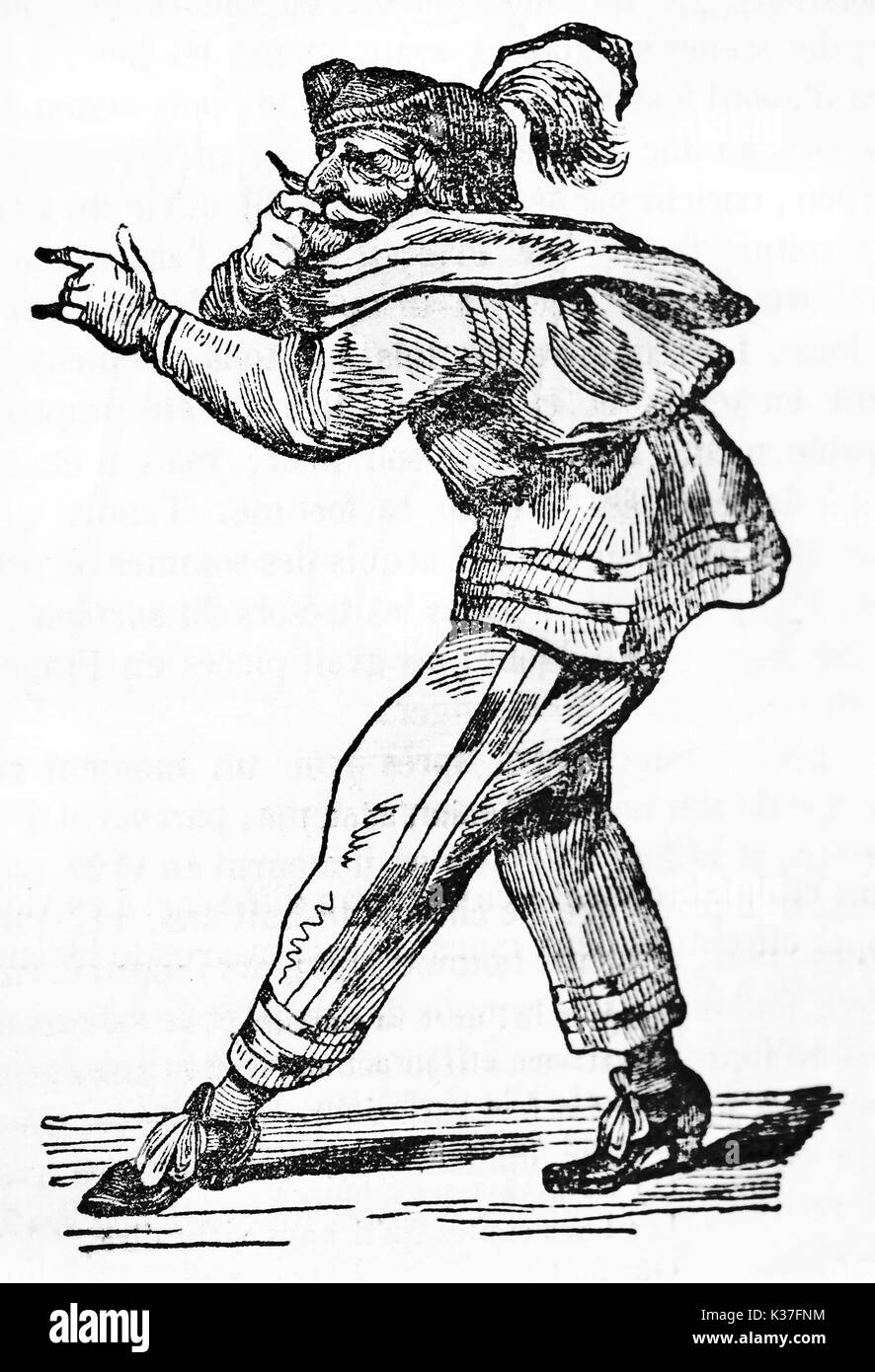 Gandolin, bande dessinée Caractères masqués dans la tradition théâtrale française (17e siècle), agissant sur la scène. Vieille Illustration d'auteur non identifié publié le magasin pittoresque Paris 1834 Banque D'Images