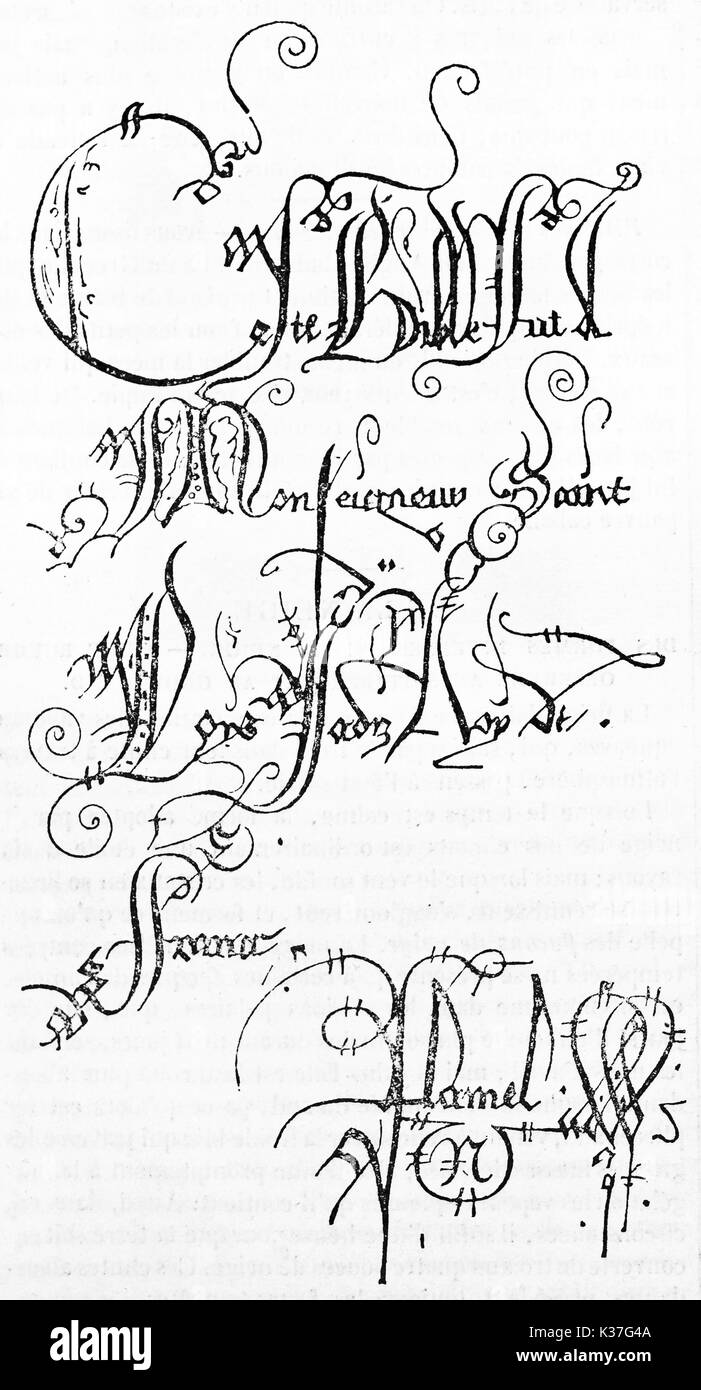 Médiéval antique handmade sur une page blanche. Reproduction ancienne de 14e siècle page bible bible (Saint-Louis), publié le Magasin Pittoresque, Paris, 1834 Banque D'Images