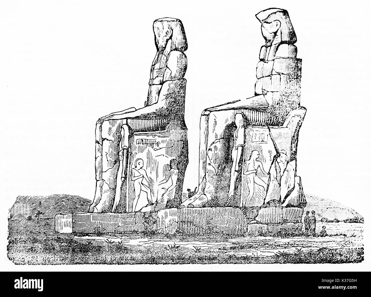 Colosses de Memnon, Egypte. Image isolée avec une petite partie de la masse. Vieille Illustration d'auteur non identifié, publié le Magasin Pittoresque, Paris, 1834 Banque D'Images