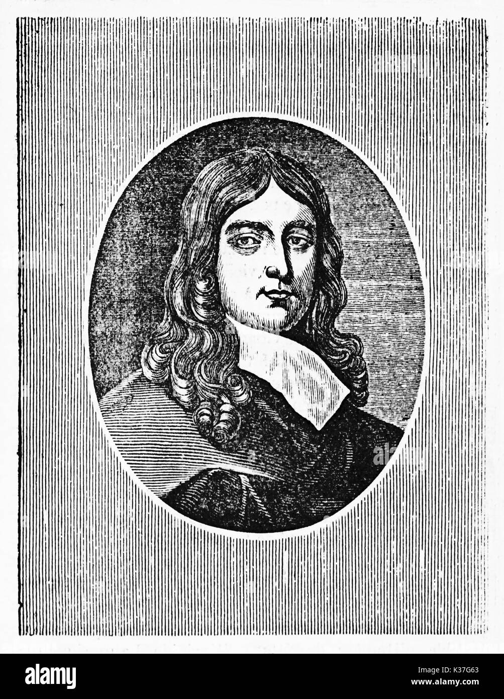 Ancien portrait gravé de John Milton (1608 - 1674), poète anglais, dans un cadre ovale. Vieille Illustration d'auteur non identifié, publié le Magasin Pittoresque, Paris, 1834. Banque D'Images