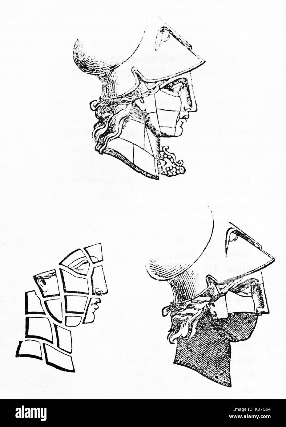 Trois différentes représentations isolées de la tête de profil Minaerva statue. Vieille Illustration d'auteur non identifié, publié le Magasin Pittoresque, Paris, 1834. Banque D'Images