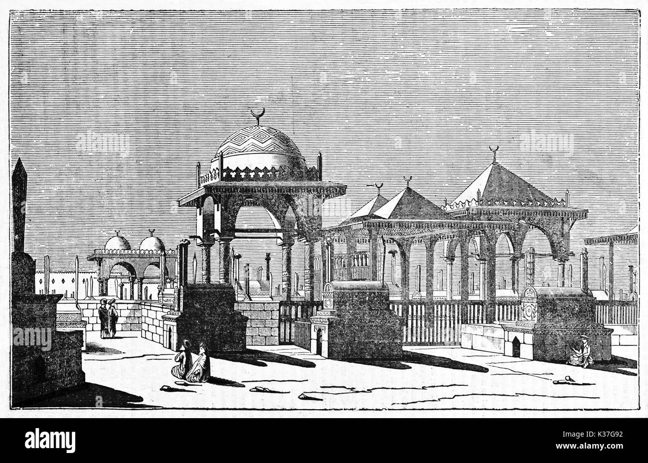 Ancien cimetière musulman au Caire, Egypte, en vedette par des formes typiques de l'architecture arabe. Vieille Illustration par Jackson, publié le Magasin Pittoresque, Paris, 1834 Banque D'Images