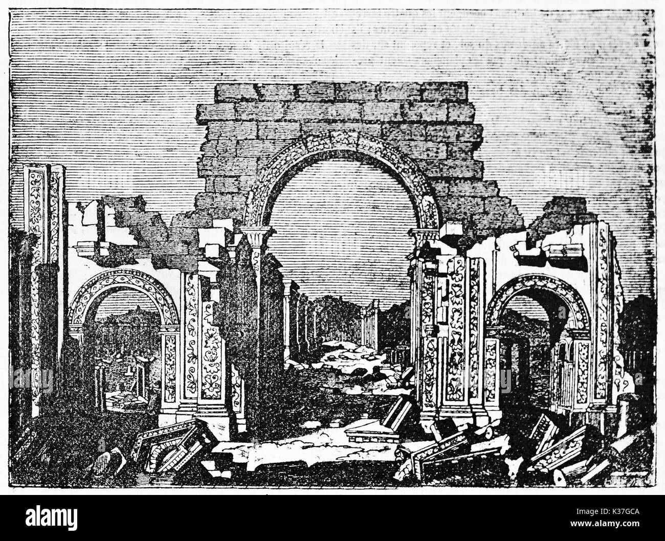 Palmyre arc monumental, en Syrie, avec son architecture arabe typique des formes (récemment détruites par l'Est). Vieille Illustration d'auteur non identifié, publié le Magasin Pittoresque, Paris, 1834 Banque D'Images