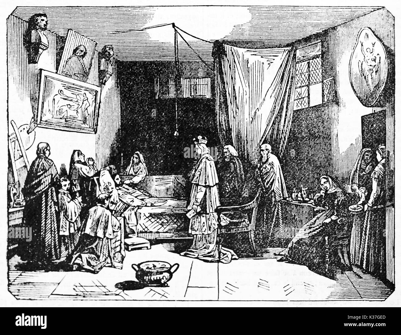 Nicolas Poussin mort dans une chambre avec un lit king et d'autres personnes (peintre baroque français 1594 -1665). Vieille Illustration par Andrew Best et Leloir après Granet publié le magasin pittoresque Paris 1834 Banque D'Images
