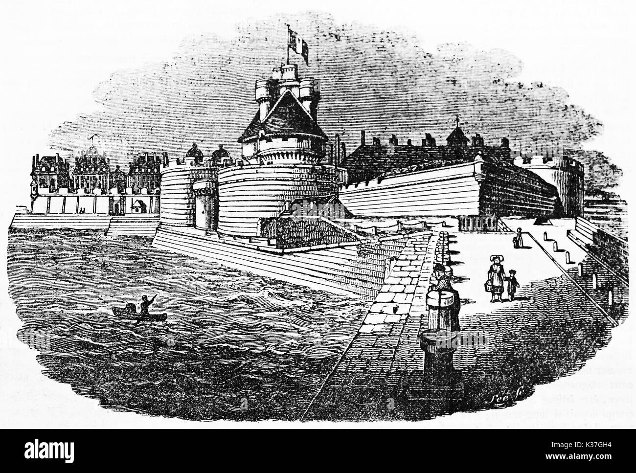 Vue de l'ancien port fortifié médiéval château de Saint-Malo, Bretagne France. Vieille Illustration par Lee publié le magasin pittoresque Paris 1834 Banque D'Images