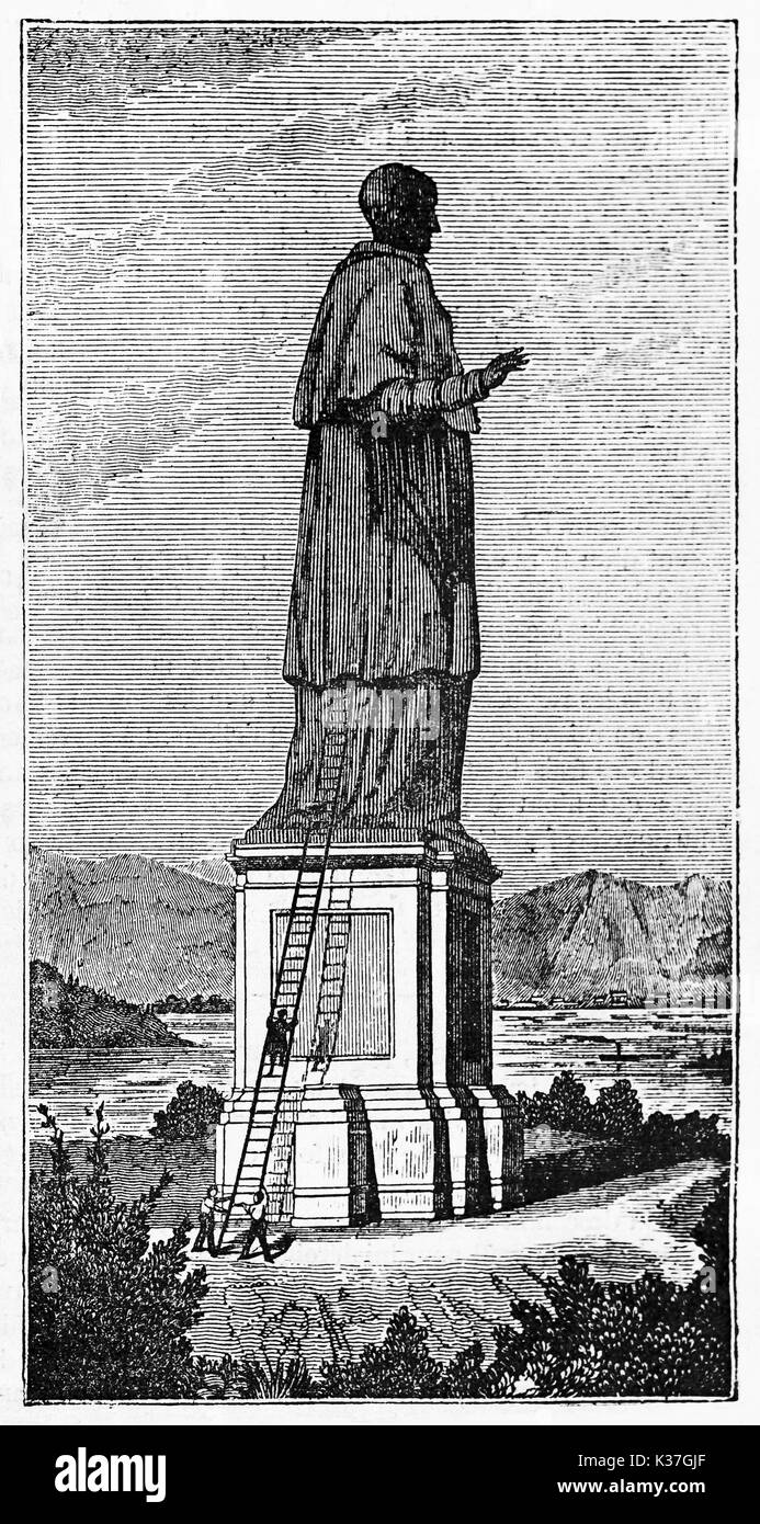 Vue ancienne de la grande statue du colosse de San Carlo Borromeo Arona Italie. Après Crespi publié le magasin pittoresque Paris 1834 Banque D'Images