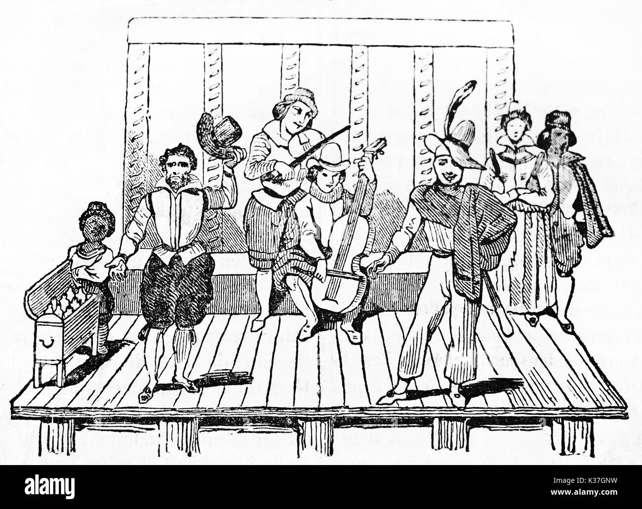 Les musiciens et les acteurs de l'ancienne (Tabarin et Mondor) théâtre de rue parisienne jouant sur la scène. Après gravure du 17ème siècle publié le magasin pittoresque Paris 1834 Banque D'Images