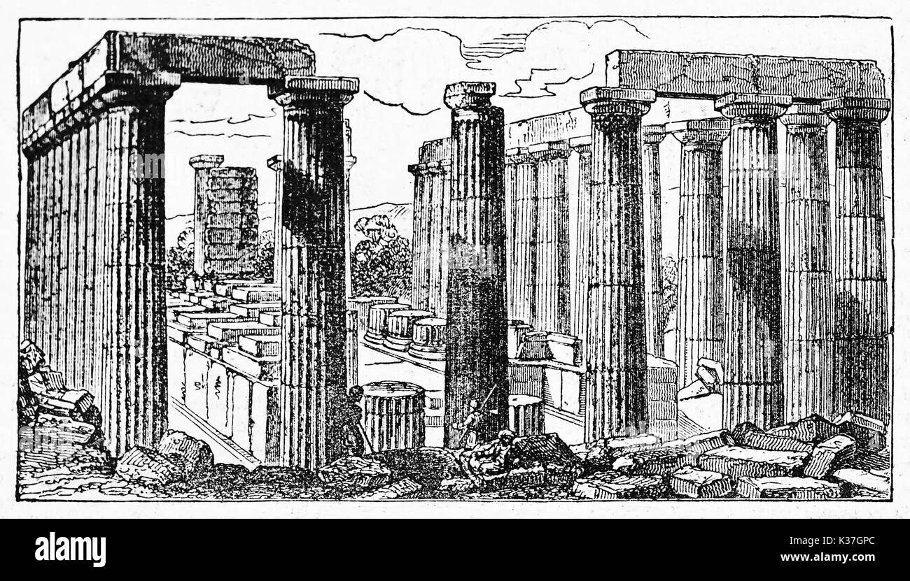 Ruines de pierres et des colonnes du temple d'Apollon Epikourios à Bassae en Grèce. Vieille Illustration d'auteur non identifié publié le magasin pittoresque Paris 1834 Banque D'Images