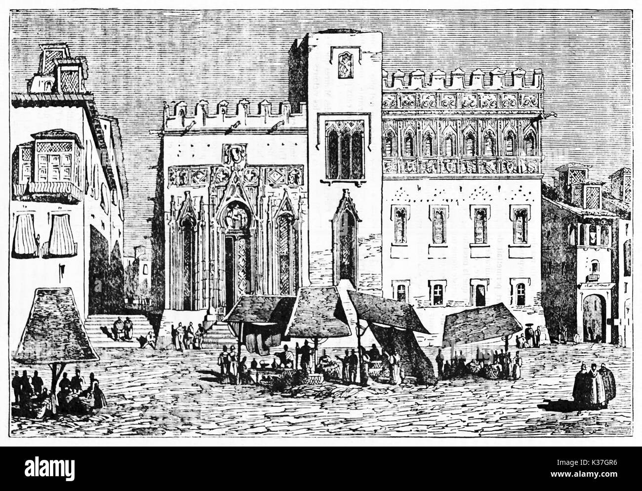 La rue du marché en plein air médiéval devant un monument espagnol, Valence Espagne bourse. Vieille Illustration par Jackson publié le magasin pittoresque Paris 1834 Banque D'Images