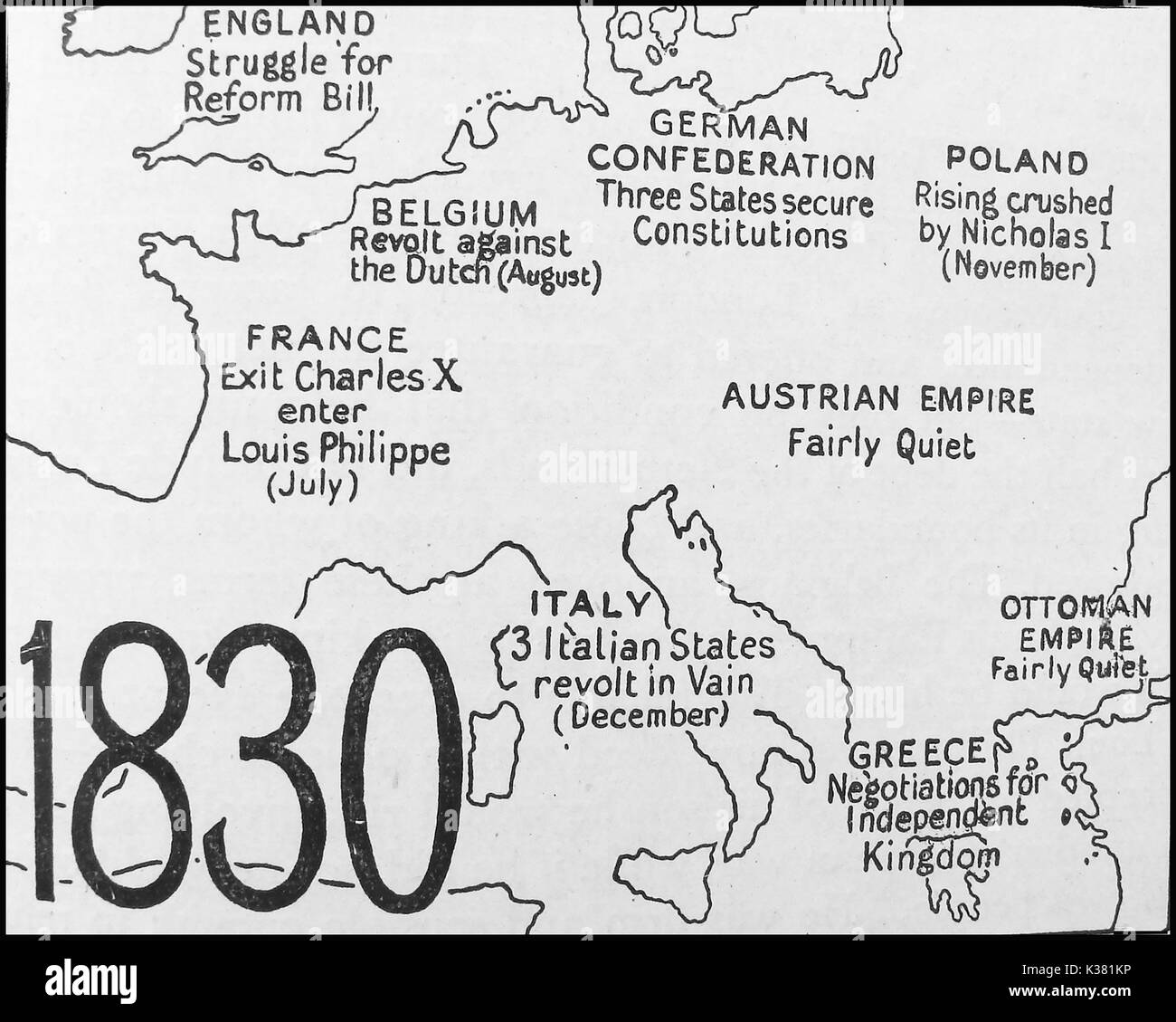 Cette carte politique montrant l'état de l'Europe en 1830 - Pays-Bas - Belgique - France - Confédération allemande - Pologne - Autriche - Italie - Grèce - Empire Ottoman Banque D'Images