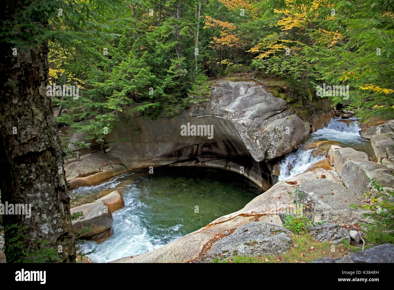 Une cavité appelée le bassin, formé par l'action des glaciers il y a plus de 25 000 ans, est aujourd'hui un monument de la rivière Pemigewasset, New Hampshire, USA. Banque D'Images
